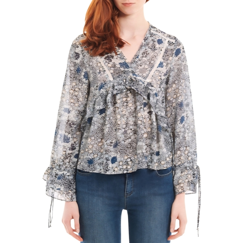 {Suncoo Paris} Blue Floral Print Blouse with Tassle Details - Size XS